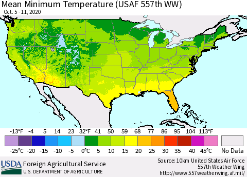 United States Minimum Temperature (USAF 557th WW) Thematic Map For 10/5/2020 - 10/11/2020