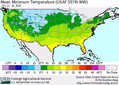 United States Minimum Temperature (USAF 557th WW) Thematic Map For 10/12/2020 - 10/18/2020
