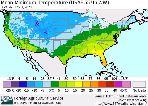 United States Minimum Temperature (USAF 557th WW) Thematic Map For 10/26/2020 - 11/1/2020