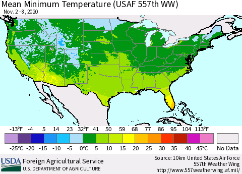 United States Minimum Temperature (USAF 557th WW) Thematic Map For 11/2/2020 - 11/8/2020
