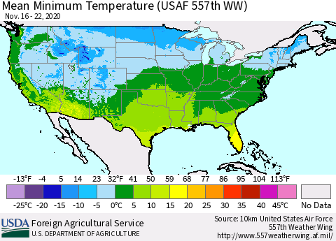 United States Minimum Temperature (USAF 557th WW) Thematic Map For 11/16/2020 - 11/22/2020