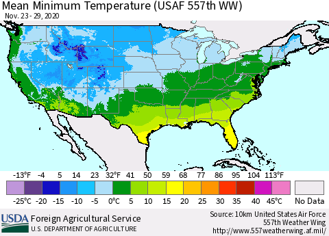 United States Minimum Temperature (USAF 557th WW) Thematic Map For 11/23/2020 - 11/29/2020