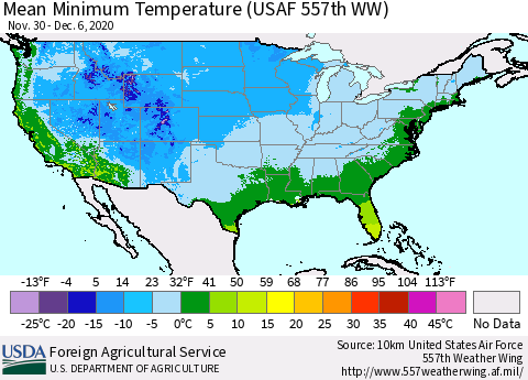 United States Minimum Temperature (USAF 557th WW) Thematic Map For 11/30/2020 - 12/6/2020