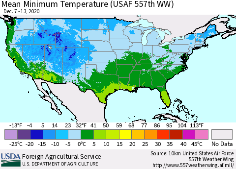 United States Mean Minimum Temperature (USAF 557th WW) Thematic Map For 12/7/2020 - 12/13/2020
