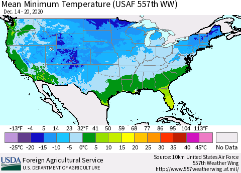 United States Mean Minimum Temperature (USAF 557th WW) Thematic Map For 12/14/2020 - 12/20/2020