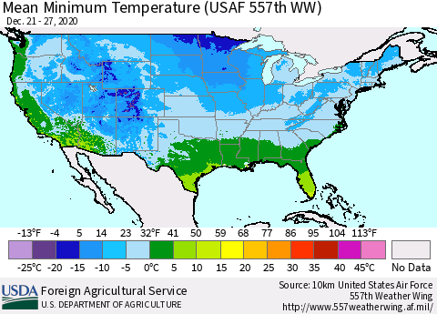 United States Mean Minimum Temperature (USAF 557th WW) Thematic Map For 12/21/2020 - 12/27/2020