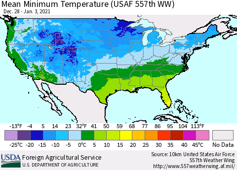 United States Mean Minimum Temperature (USAF 557th WW) Thematic Map For 12/28/2020 - 1/3/2021
