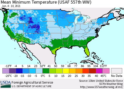 United States Mean Minimum Temperature (USAF 557th WW) Thematic Map For 1/4/2021 - 1/10/2021