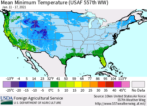 United States Mean Minimum Temperature (USAF 557th WW) Thematic Map For 1/11/2021 - 1/17/2021
