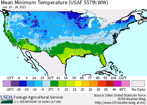 United States Mean Minimum Temperature (USAF 557th WW) Thematic Map For 1/18/2021 - 1/24/2021