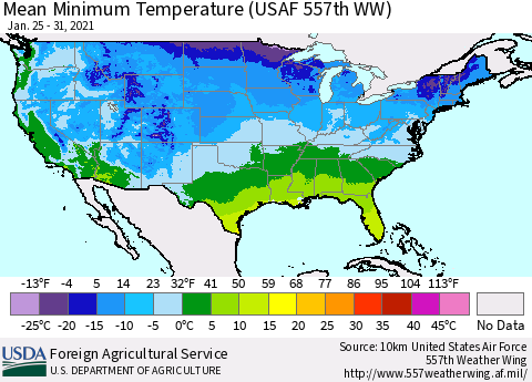 United States Mean Minimum Temperature (USAF 557th WW) Thematic Map For 1/25/2021 - 1/31/2021