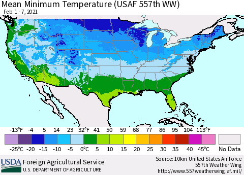 United States Mean Minimum Temperature (USAF 557th WW) Thematic Map For 2/1/2021 - 2/7/2021
