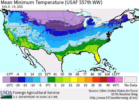 United States Mean Minimum Temperature (USAF 557th WW) Thematic Map For 2/8/2021 - 2/14/2021