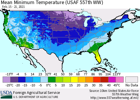United States Mean Minimum Temperature (USAF 557th WW) Thematic Map For 2/15/2021 - 2/21/2021