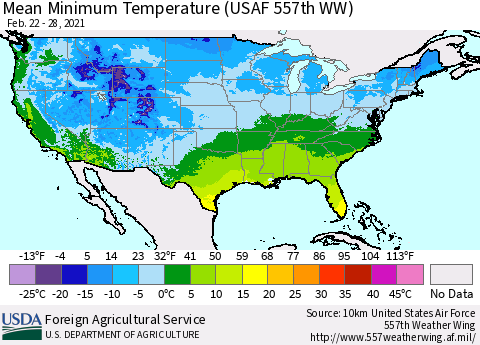 United States Mean Minimum Temperature (USAF 557th WW) Thematic Map For 2/22/2021 - 2/28/2021