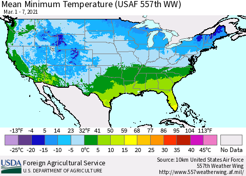 United States Minimum Temperature (USAF 557th WW) Thematic Map For 3/1/2021 - 3/7/2021
