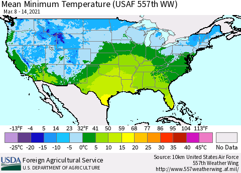United States Minimum Temperature (USAF 557th WW) Thematic Map For 3/8/2021 - 3/14/2021