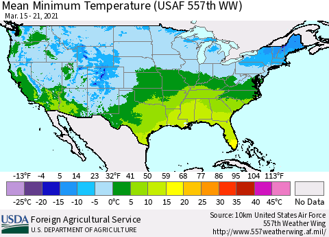 United States Minimum Temperature (USAF 557th WW) Thematic Map For 3/15/2021 - 3/21/2021