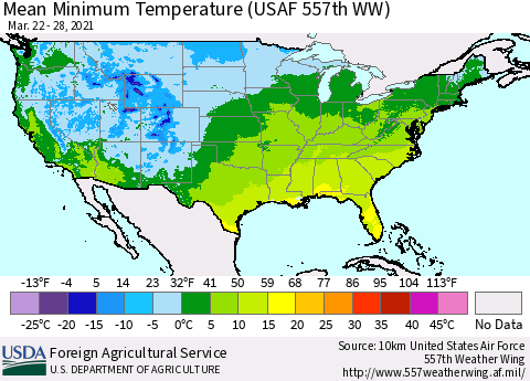 United States Mean Minimum Temperature (USAF 557th WW) Thematic Map For 3/22/2021 - 3/28/2021