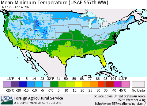 United States Minimum Temperature (USAF 557th WW) Thematic Map For 3/29/2021 - 4/4/2021