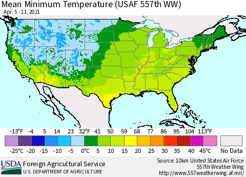 United States Minimum Temperature (USAF 557th WW) Thematic Map For 4/5/2021 - 4/11/2021