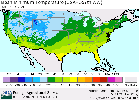 United States Minimum Temperature (USAF 557th WW) Thematic Map For 4/12/2021 - 4/18/2021