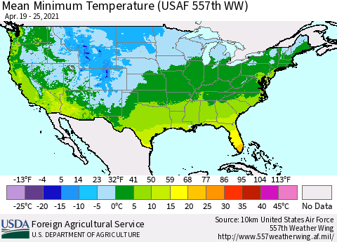 United States Mean Minimum Temperature (USAF 557th WW) Thematic Map For 4/19/2021 - 4/25/2021