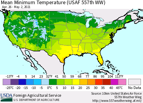 United States Minimum Temperature (USAF 557th WW) Thematic Map For 4/26/2021 - 5/2/2021