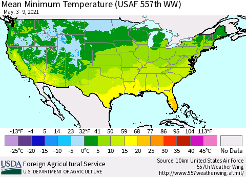 United States Minimum Temperature (USAF 557th WW) Thematic Map For 5/3/2021 - 5/9/2021