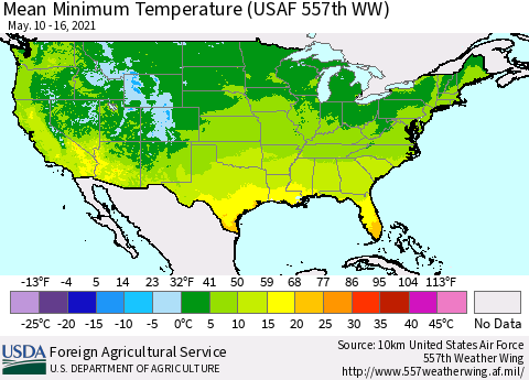 United States Minimum Temperature (USAF 557th WW) Thematic Map For 5/10/2021 - 5/16/2021