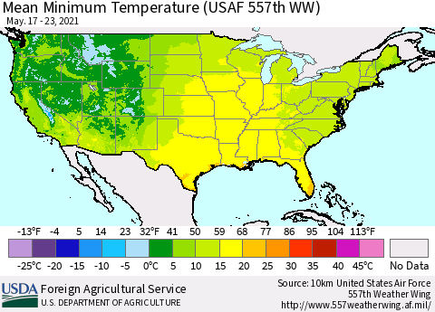 United States Minimum Temperature (USAF 557th WW) Thematic Map For 5/17/2021 - 5/23/2021