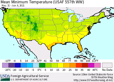 United States Minimum Temperature (USAF 557th WW) Thematic Map For 5/31/2021 - 6/6/2021