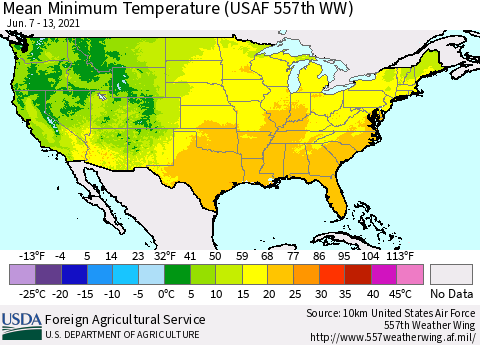 United States Minimum Temperature (USAF 557th WW) Thematic Map For 6/7/2021 - 6/13/2021