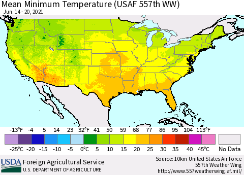 United States Minimum Temperature (USAF 557th WW) Thematic Map For 6/14/2021 - 6/20/2021