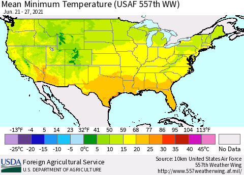 United States Minimum Temperature (USAF 557th WW) Thematic Map For 6/21/2021 - 6/27/2021