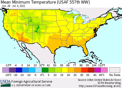 United States Mean Minimum Temperature (USAF 557th WW) Thematic Map For 6/28/2021 - 7/4/2021