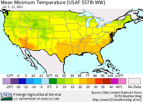 United States Minimum Temperature (USAF 557th WW) Thematic Map For 7/5/2021 - 7/11/2021