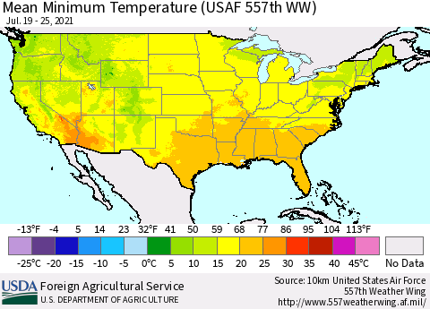 United States Minimum Temperature (USAF 557th WW) Thematic Map For 7/19/2021 - 7/25/2021