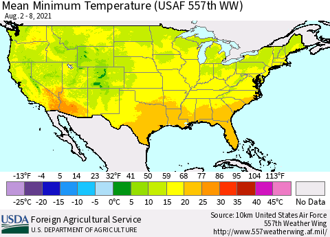 United States Mean Minimum Temperature (USAF 557th WW) Thematic Map For 8/2/2021 - 8/8/2021