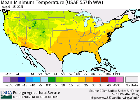 United States Minimum Temperature (USAF 557th WW) Thematic Map For 8/9/2021 - 8/15/2021