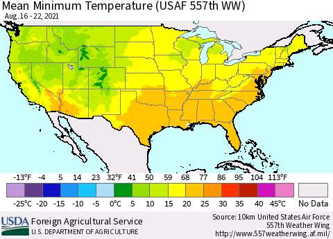 United States Minimum Temperature (USAF 557th WW) Thematic Map For 8/16/2021 - 8/22/2021