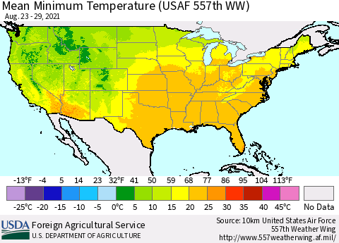 United States Minimum Temperature (USAF 557th WW) Thematic Map For 8/23/2021 - 8/29/2021