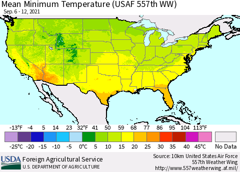 United States Minimum Temperature (USAF 557th WW) Thematic Map For 9/6/2021 - 9/12/2021