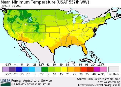 United States Minimum Temperature (USAF 557th WW) Thematic Map For 9/13/2021 - 9/19/2021