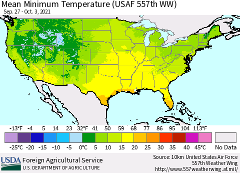 United States Mean Minimum Temperature (USAF 557th WW) Thematic Map For 9/27/2021 - 10/3/2021