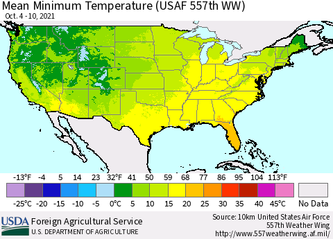 United States Minimum Temperature (USAF 557th WW) Thematic Map For 10/4/2021 - 10/10/2021