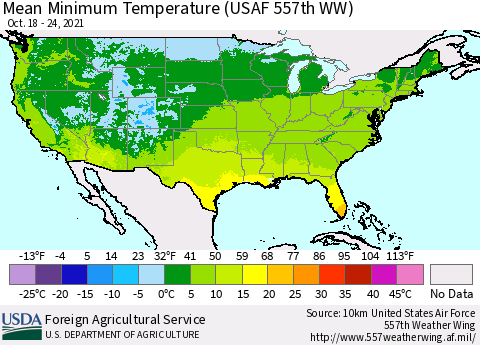 United States Mean Minimum Temperature (USAF 557th WW) Thematic Map For 10/18/2021 - 10/24/2021