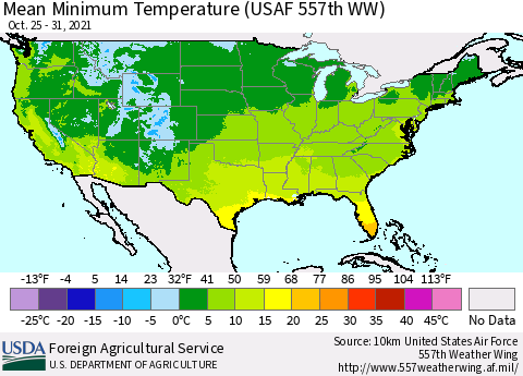 United States Mean Minimum Temperature (USAF 557th WW) Thematic Map For 10/25/2021 - 10/31/2021