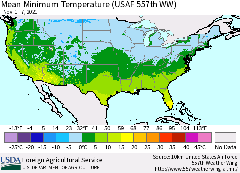 United States Minimum Temperature (USAF 557th WW) Thematic Map For 11/1/2021 - 11/7/2021