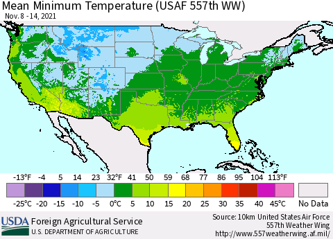 United States Mean Minimum Temperature (USAF 557th WW) Thematic Map For 11/8/2021 - 11/14/2021